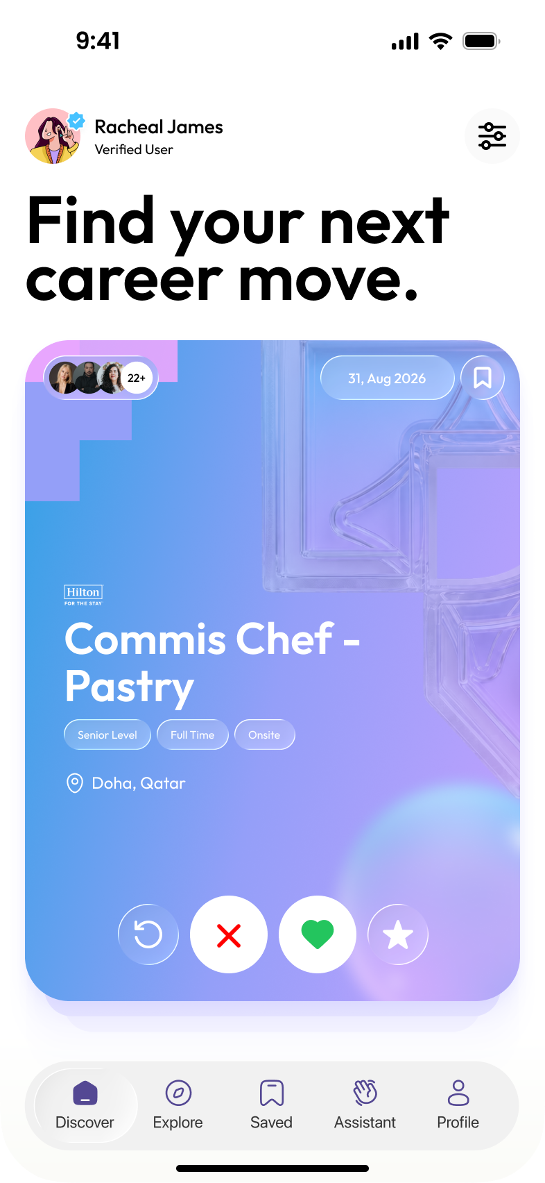 Rcrut app, swiping through matched roles