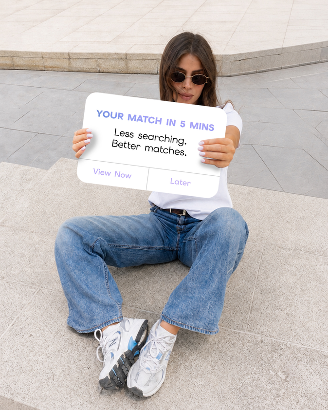 A candidate holding a card reading “your match in 5 mins — less searching, better matches”